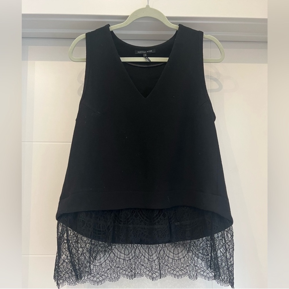 Marissa Webb |  Black Sleeveless Top with Lace Hem 100% Virgin Wool